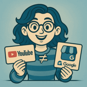 Illustration vintage montrant une femme avec lunettes tenant deux panneaux : YouTube d’un côté, Google Business de l’autre, avec un signe ≠ pour expliquer qu’on ne publie pas la même vidéo sur les deux