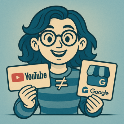 Illustration vintage montrant une femme avec lunettes tenant deux panneaux : YouTube d’un côté, Google Business de l’autre, avec un signe ≠ pour expliquer qu’on ne publie pas la même vidéo sur les deux