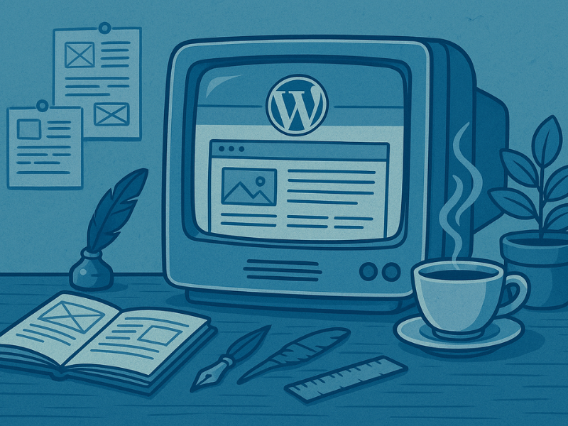 Bureau vintage avec maquette de site WordPress en création.