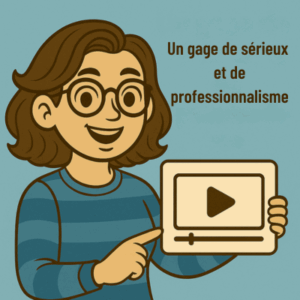 Illustration vintage d’un avatar féminin montrant une vidéo sur écran pour démontrer son professionnalisme et se démarquer localement.