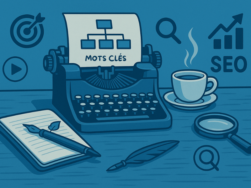 Machine à écrire vintage avec plan SEO et mots-clés en évidence.