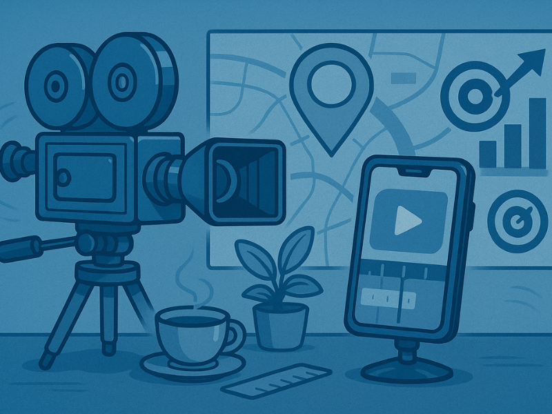 Caméra vintage filmant une vidéo courte pour visibilité locale en ligne.