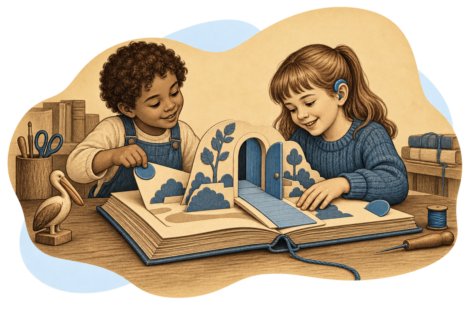 Une enfant portant un appareil auditif explore avec un autre enfant un livre animé doté d’une grande porte bleue.