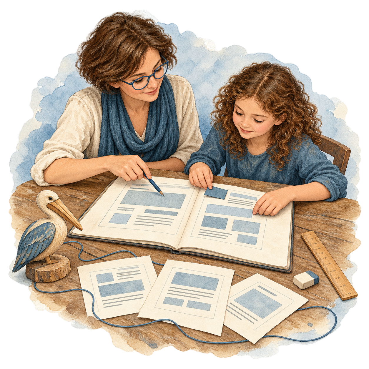 Une femme et une enfant examinent des maquettes de pages web, avec un petit pélican en bois sur la table.