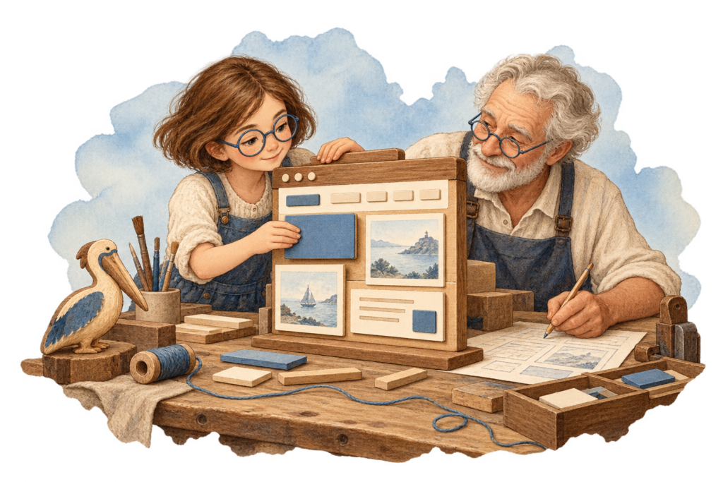 Une enfant et un grand-père assemblent une maquette de site web en bois, avec un pélican sur leur établi.