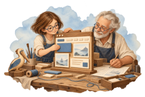 Une enfant et un grand-père assemblent une maquette de site web en bois, avec un pélican sur leur établi.