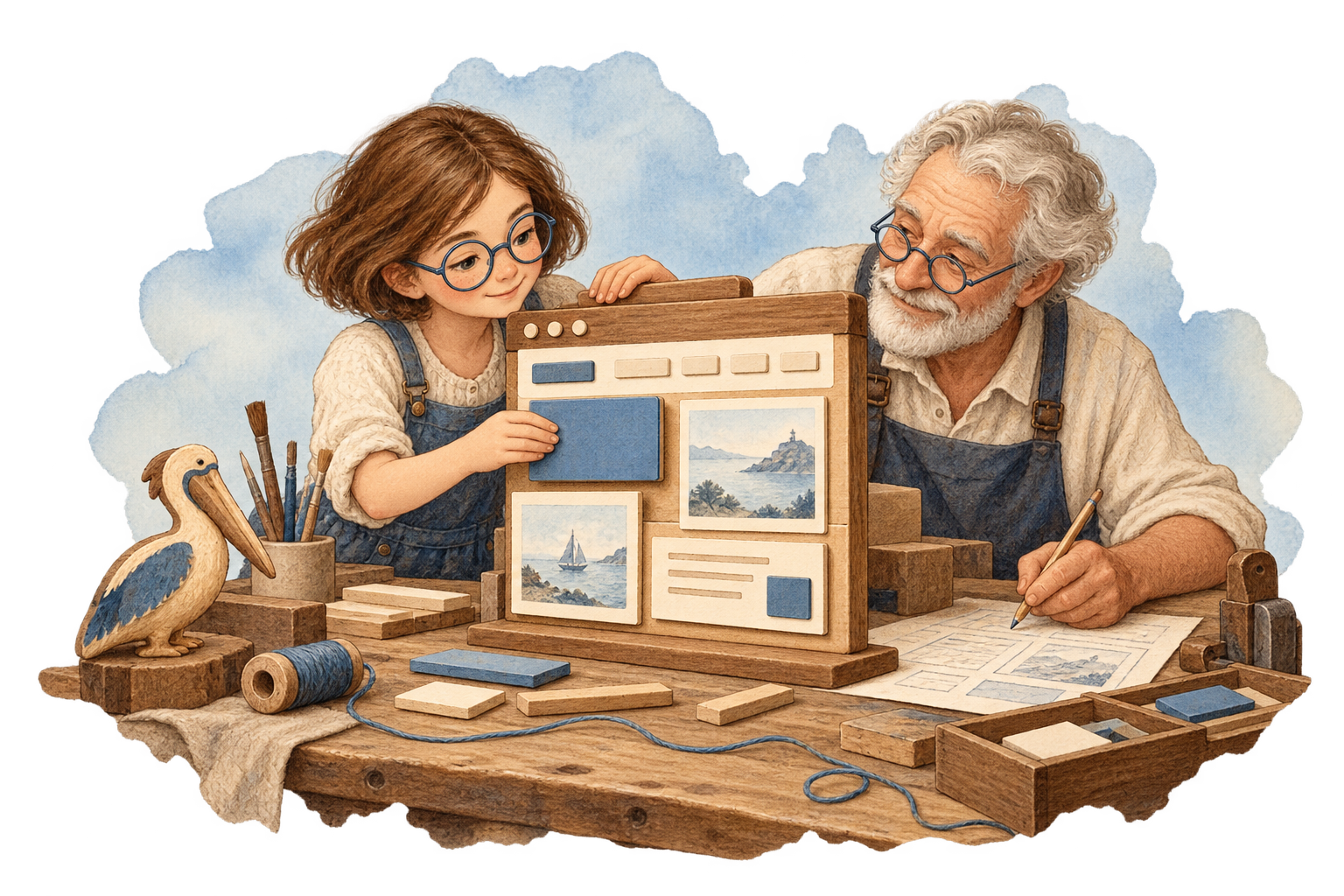 Une enfant et un grand-père assemblent une maquette de site web en bois, avec un pélican sur leur établi.
