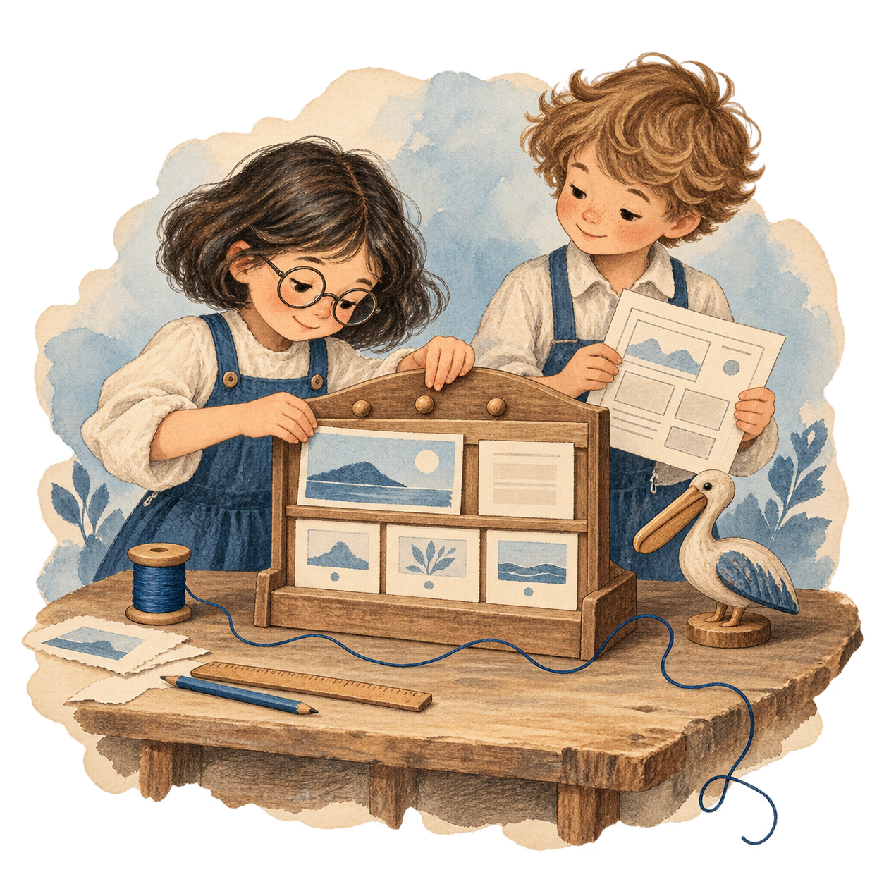 Deux enfants assemblent une maquette de site internet en bois et en papier, avec un petit pélican à leurs côtés.