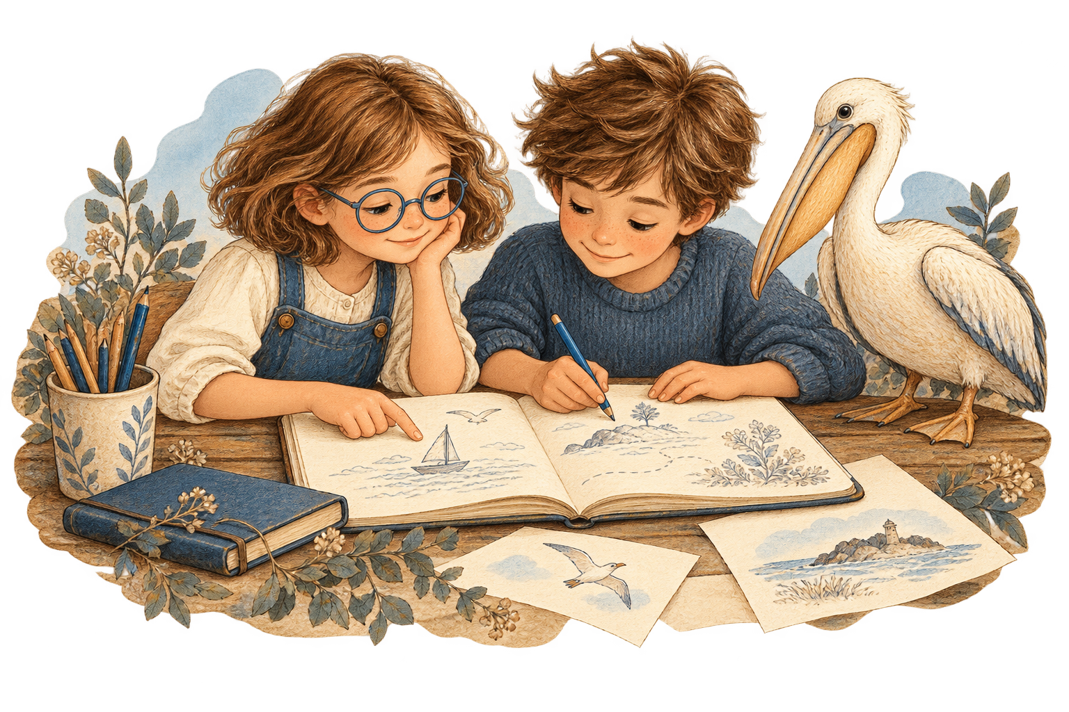 Deux enfants dessinent dans un carnet ouvert, accompagnés d’un pélican.