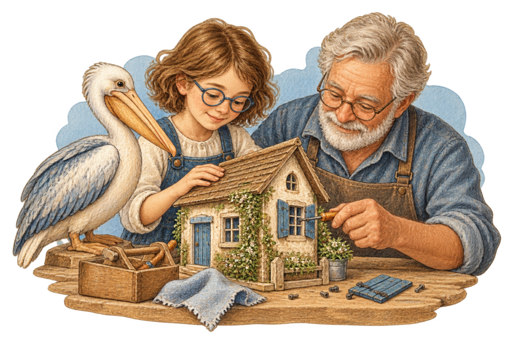 Une enfant et un grand-père entretiennent une maison miniature, accompagnés d’un pélican.