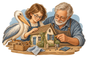 Une enfant et un grand-père entretiennent une maison miniature, accompagnés d’un pélican.