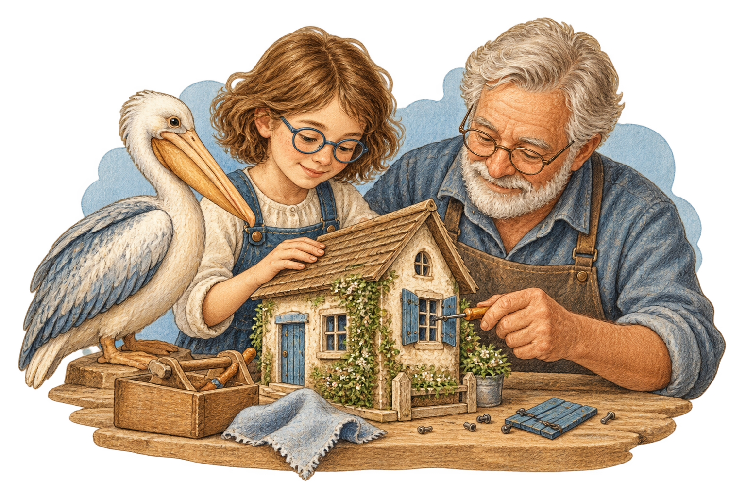Une enfant et un grand-père entretiennent une maison miniature, accompagnés d’un pélican.