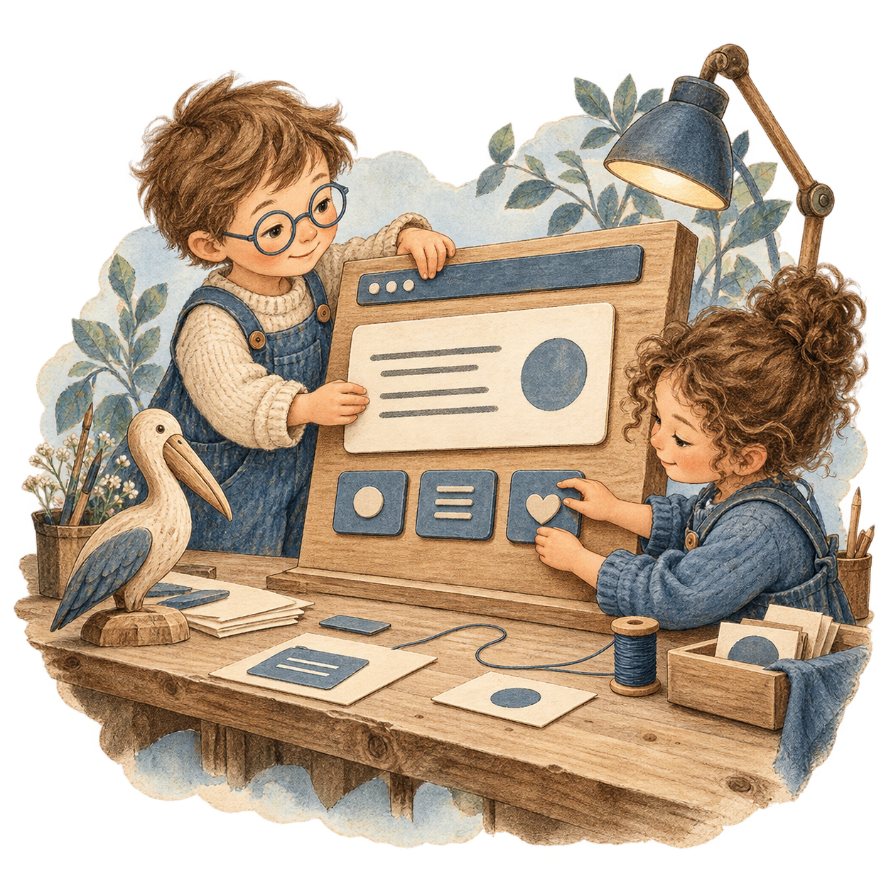 Deux enfants assemblent une maquette de site en bois, avec une grande fiche de lecture et des commandes espacées.