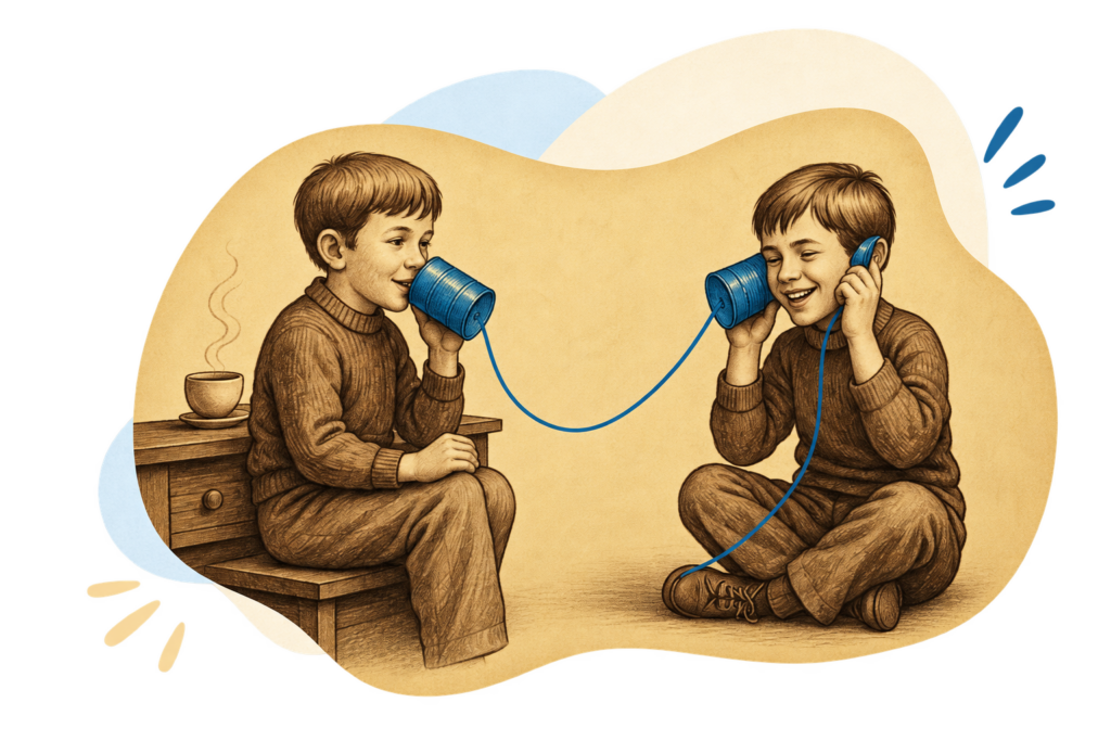 Deux enfants communiquent avec un téléphone à ficelle, dans une illustration vintage aux tons sépia et bleus.