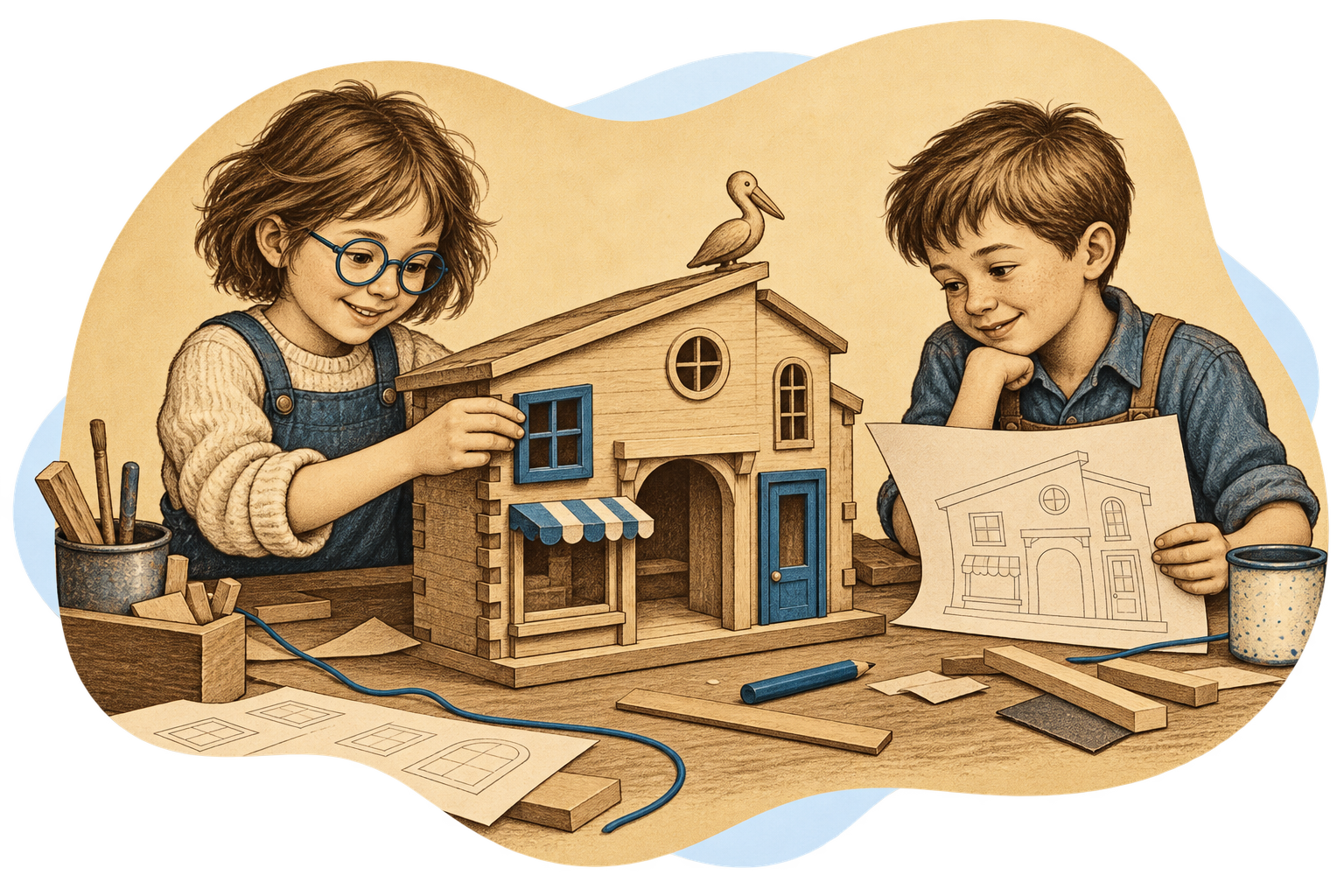 Deux enfants assemblent une boutique miniature en bois, avec des fenêtres bleues et un pélican sur le toit.