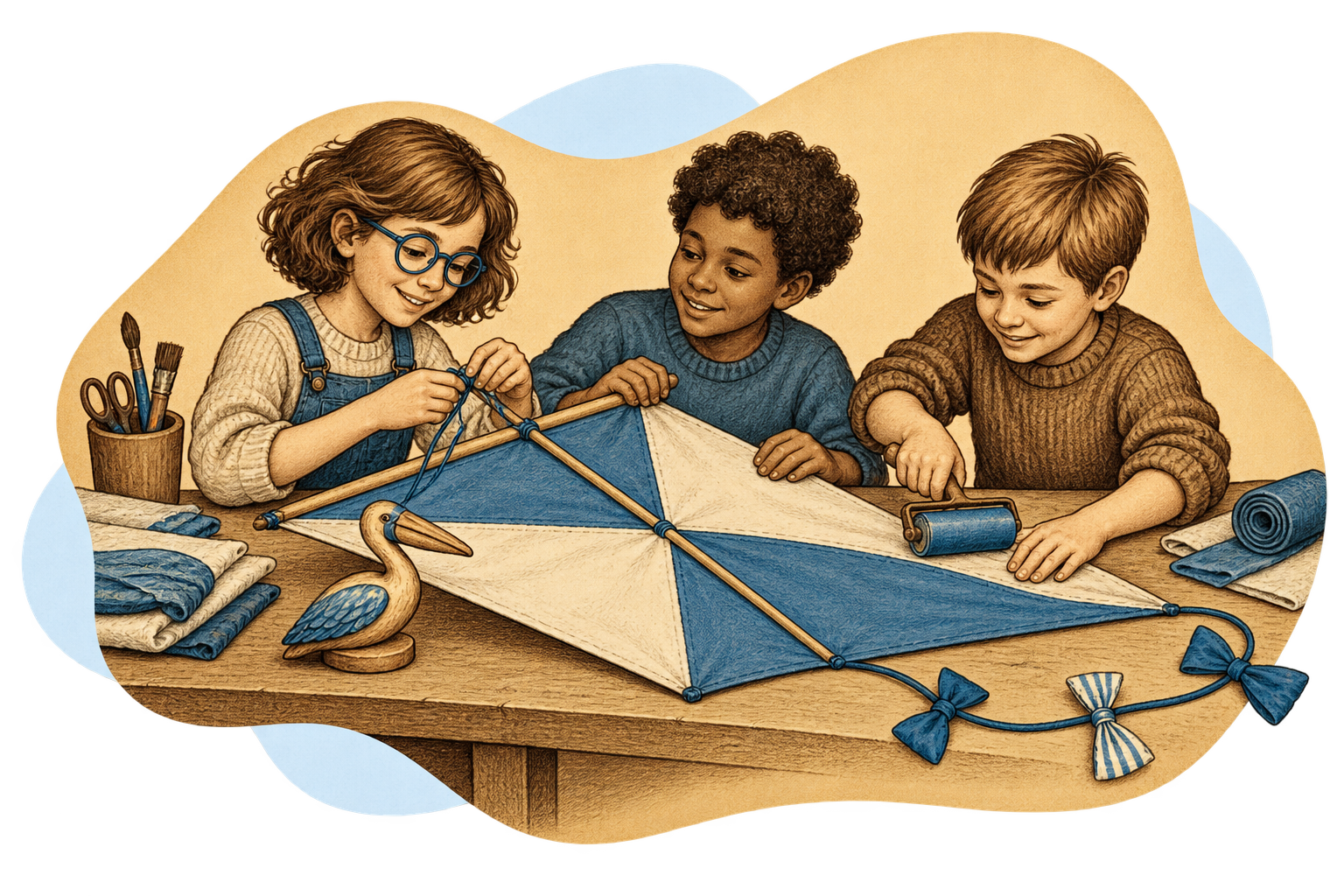 Trois enfants fabriquent ensemble un cerf-volant bleu et beige, autour d’une table où repose un pélican en bois.
