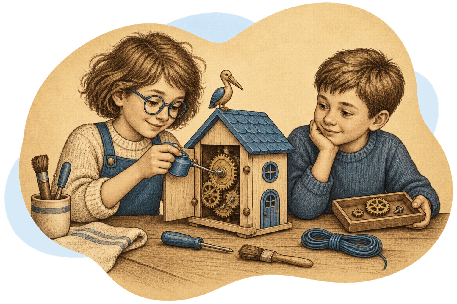 Deux enfants entretiennent les engrenages d’une petite maison en bois au toit bleu, avec une burette et des pièces de rechange.