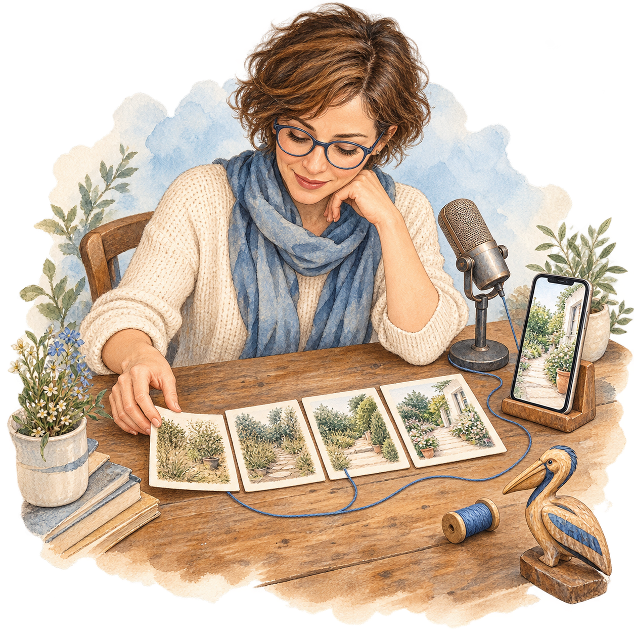 Une femme organise des images de jardin près d’un microphone, d’un téléphone et d’un pélican en bois.