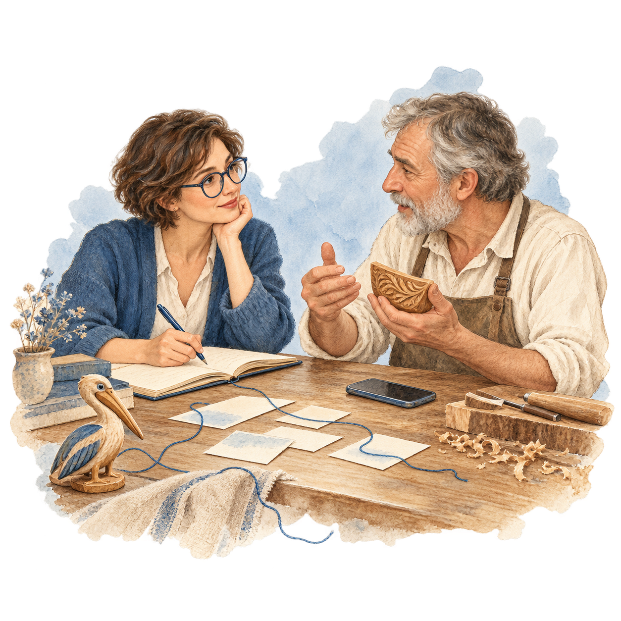 Une femme prend des notes pendant qu’un artisan lui présente une pièce sculptée, près d’un pélican en bois.