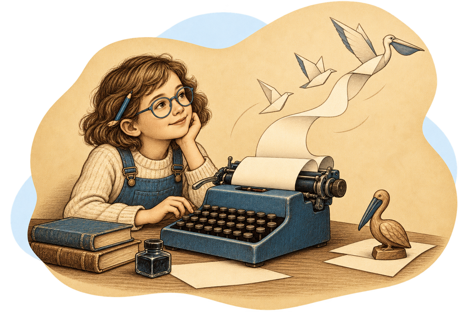 Une jeune fille devant une machine à écrire bleue regarde une feuille se transformer en oiseaux de papier, dont un pélican.