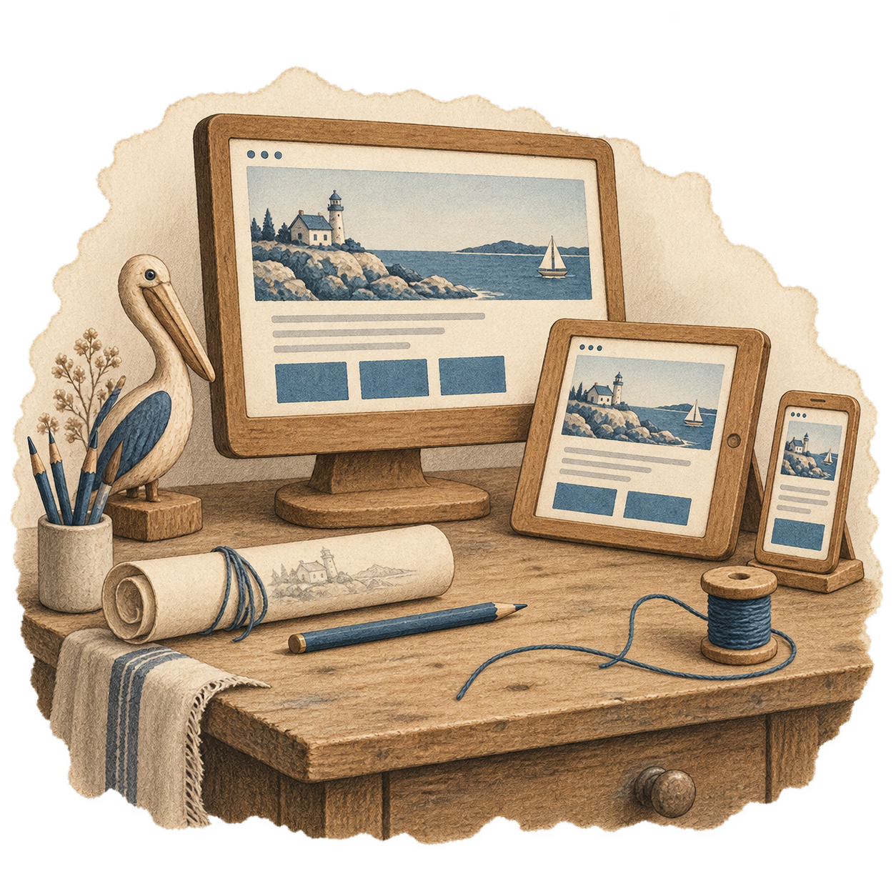 Un même site présenté sur des maquettes en bois d’ordinateur, de tablette et de téléphone.