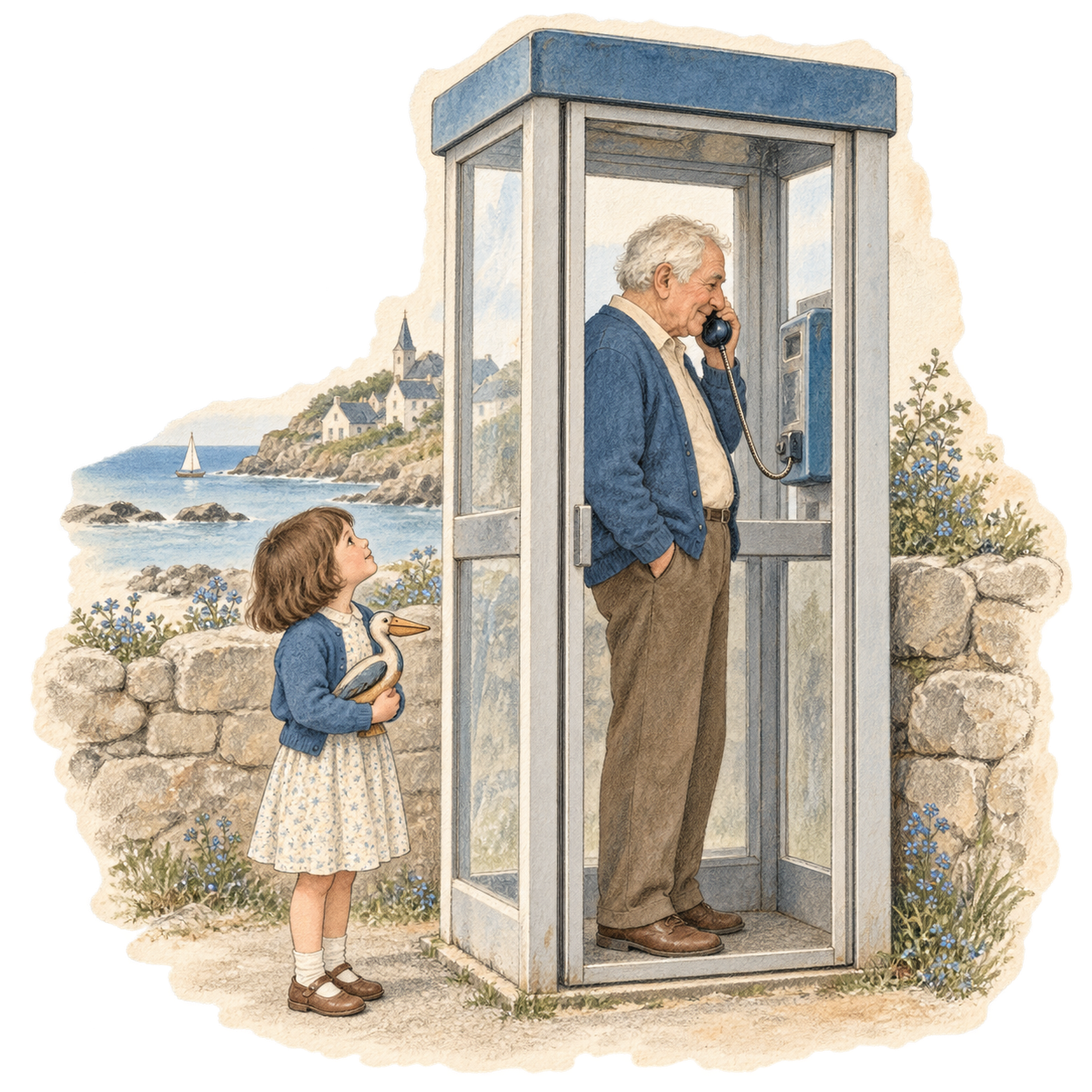 Un grand-père téléphone dans une cabine vitrée, tandis qu’une petite fille l’attend avec un pélican en bois.