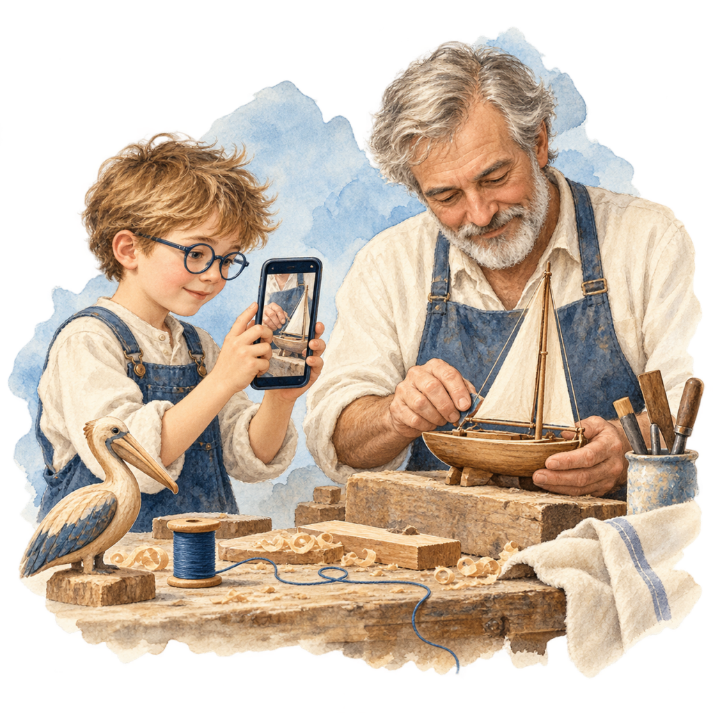 Un enfant filme un artisan qui assemble un voilier miniature, avec un pélican en bois sur l’établi.