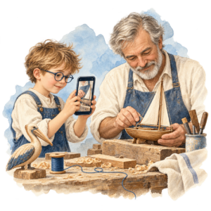 Un enfant filme un artisan qui assemble un voilier miniature, avec un pélican en bois sur l’établi.