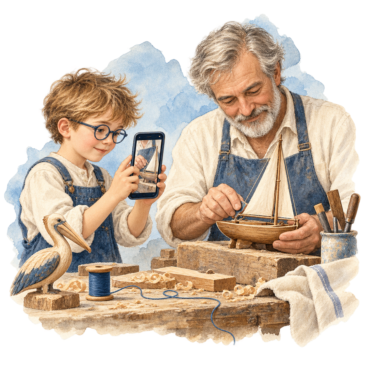 Un enfant filme un artisan qui assemble un voilier miniature, avec un pélican en bois sur l’établi.