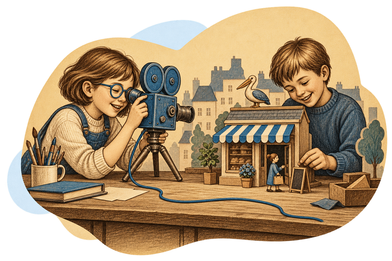 Une enfant filme avec une caméra ancienne tandis qu’un autre anime une boutique miniature devant un décor de quartier.