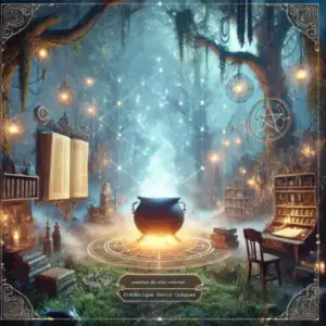 Image d'un univers enchanté symbolisant le voyage à travers Creizic.com, avec un chaudron magique, des livres de savoir, et un atelier de création de sites web dans une forêt mystique.