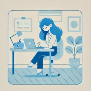 Illustration d’une femme aux cheveux bleus travaillant à son bureau, symbolisant une approche simple et épurée.