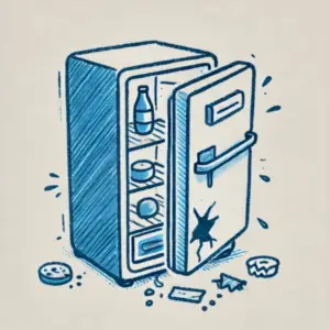 Illustration d’un frigo cassé avec des aliments qui tombent, symbolisant l’importance de la maintenance d’un site web