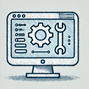 Illustration minimaliste représentant la maintenance d’un site internet, avec un écran et des éléments symbolisant les outils techniques. Maintenance site internet