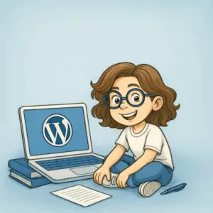 Illustration d’une jeune fille souriante tenant un logo WordPress, entourée d’éléments symbolisant l’accessibilité, le sur-mesure et la création de site web, représentant les raisons de choisir Creizic.Com pour un site WordPress.