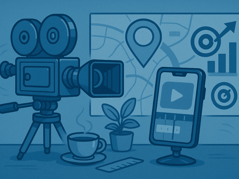 Caméra vintage filmant une vidéo courte pour visibilité locale en ligne.
