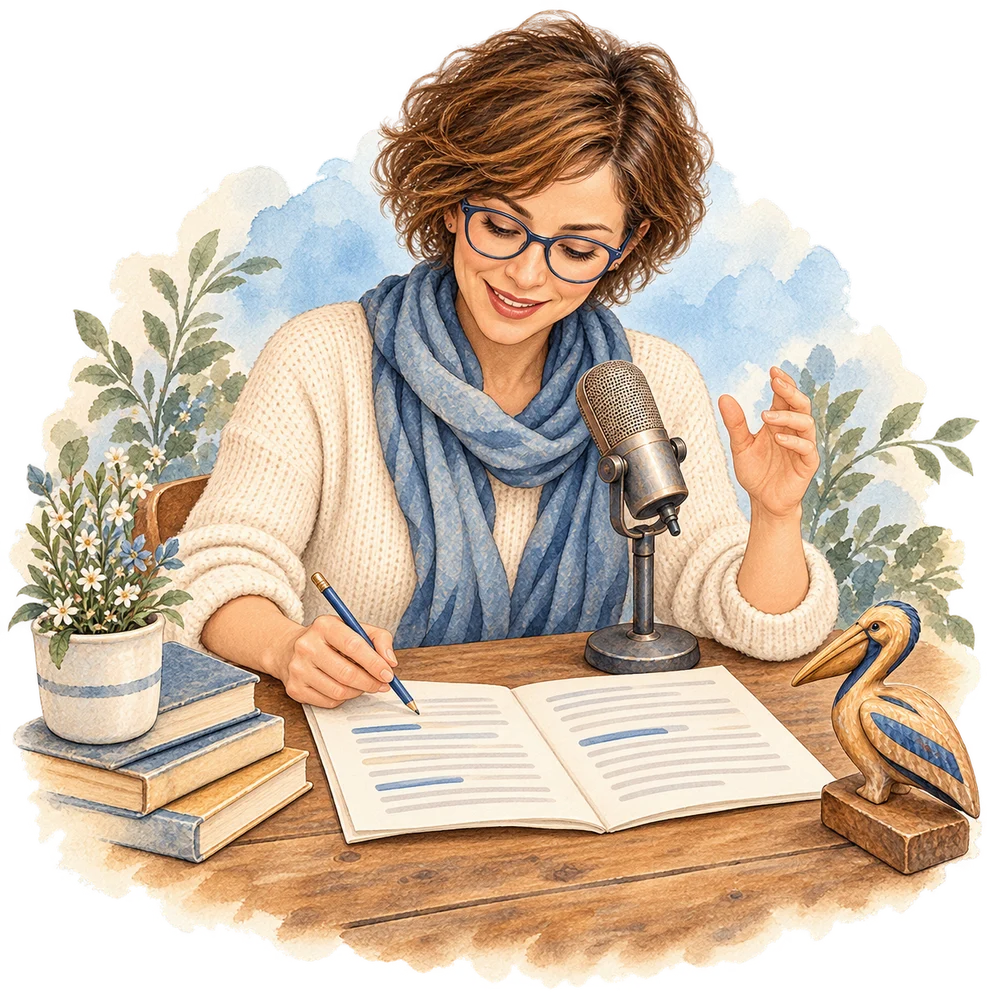 Une femme enregistre un texte pédagogique devant un micro, accompagnée du pélican de Creizic.